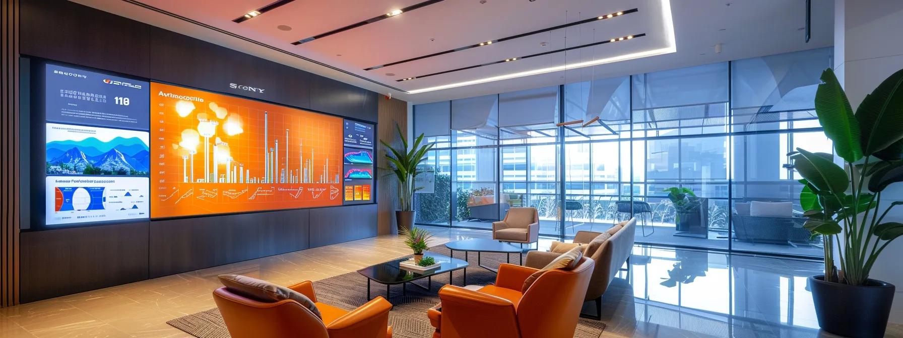 a sleek, modern office space showcases a large digital screen displaying a vibrant infographic summarizing key influencers on customer satisfaction in facial services, with a focus on staff training, communication, and facility ambiance, illuminated by soft, ambient lighting. a sleek, modern office space showcases a large digital screen displaying a vibrant infographic summarizing key influencers on customer satisfaction in facial services, with a focus on staff training, communication, and facility ambiance, illuminated by soft, ambient lighting.