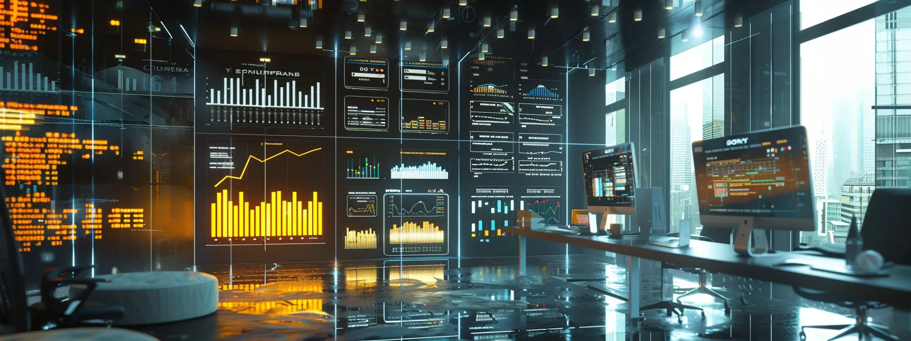 a sleek, modern office space is filled with data analytics dashboards and digital performance graphs projected on walls, reflecting a dynamic atmosphere of strategizing and analyzing outbound marketing campaign success.