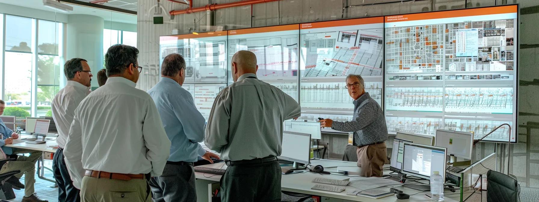 a sleek, modern office space in houston showcases a diverse team of professionals engaged in a dynamic discussion over blueprints and project plans, highlighting the benefits of hiring general contractors for efficient project execution.