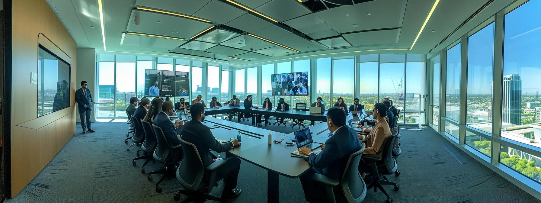 a sleek, modern office space showcases a diverse team of professionals engaged in a dynamic discussion around a large conference table, with digital screens displaying fannie mae condo insurance guidelines prominently in the background.