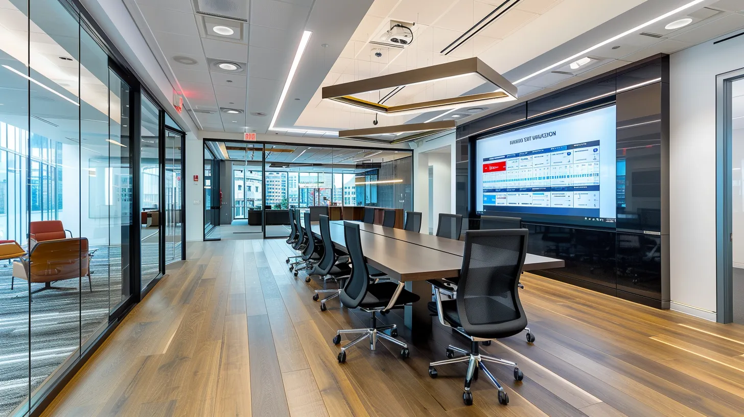 a sleek, modern office space features a high-tech conference room with a large digital screen displaying a vibrant interface of an ai scheduling platform, showcasing streamlined calendar views and analytics in a professional, urban setting. a sleek, modern office space features a high-tech conference room with a large digital screen displaying a vibrant interface of an ai scheduling platform, showcasing streamlined calendar views and analytics in a professional, urban setting.