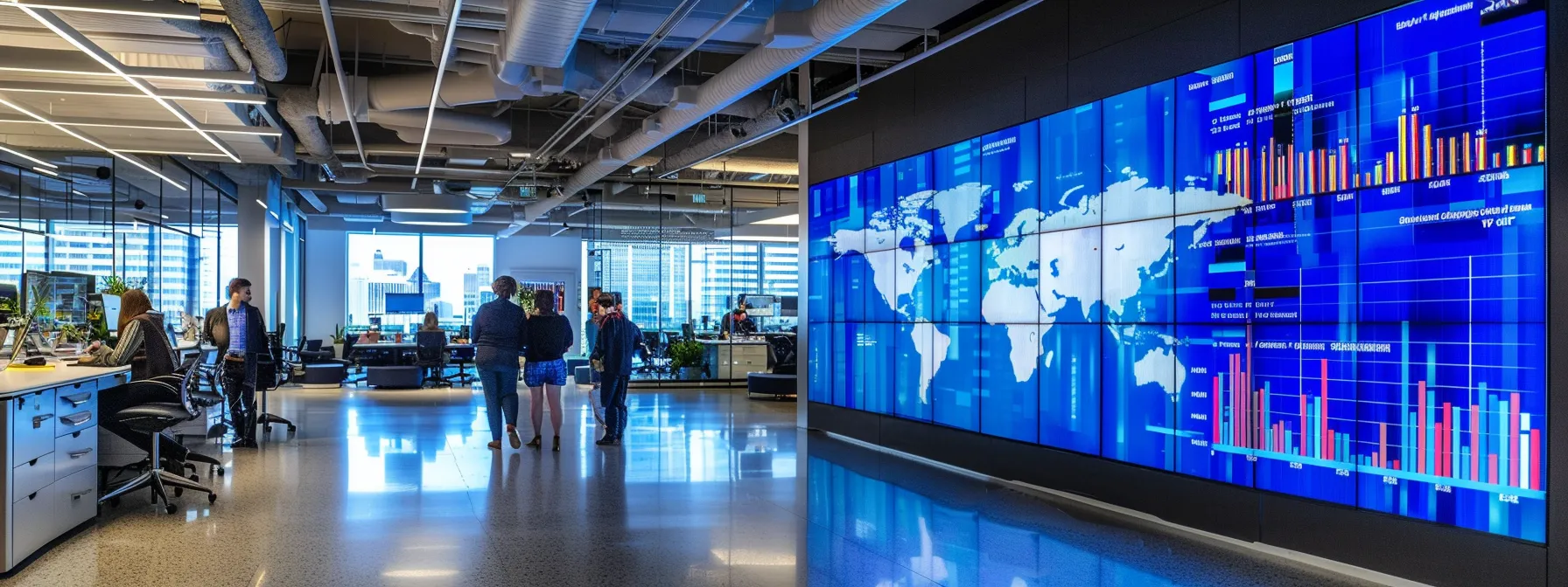 a sleek, modern office space features a vibrant, oversized digital screen displaying dynamic data visualizations, bathed in cool blue ambient lighting that enhances the atmosphere of innovation and technology.