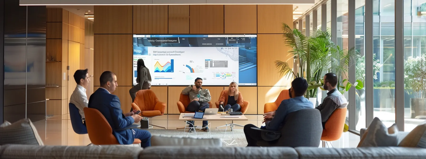 a sleek, modern office space captures a diverse team engaged in a dynamic discussion around a large digital display showcasing strategies for enhancing customer engagement and trust, illuminated by soft overhead lighting that fosters a collaborative atmosphere.