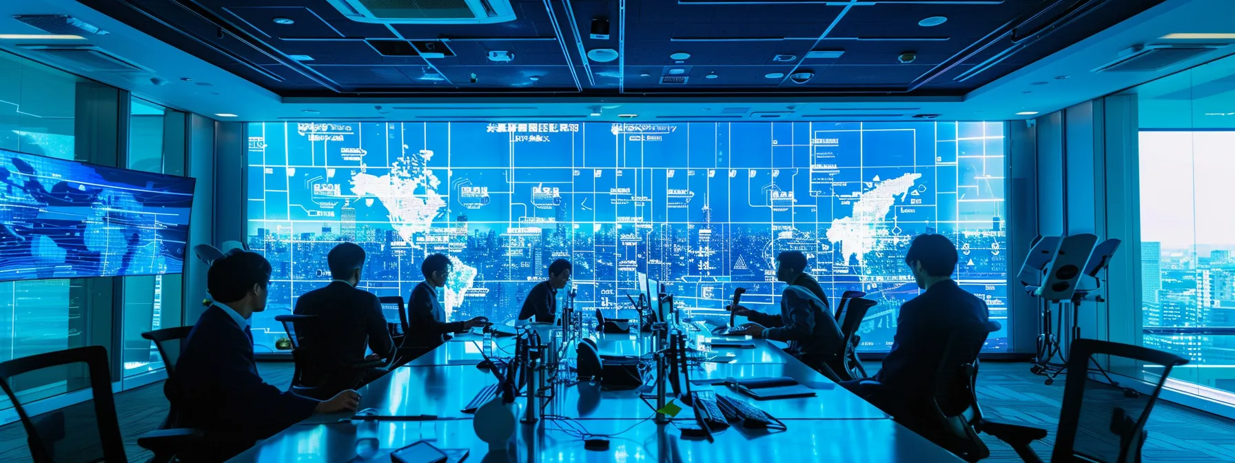 a sleek, modern office space filled with vibrant digital screens displaying data analytics, illuminated by cool blue and white lighting, creates an energetic backdrop for a collaborative business meeting. a sleek, modern office space filled with vibrant digital screens displaying data analytics, illuminated by cool blue and white lighting, creates an energetic backdrop for a collaborative business meeting.