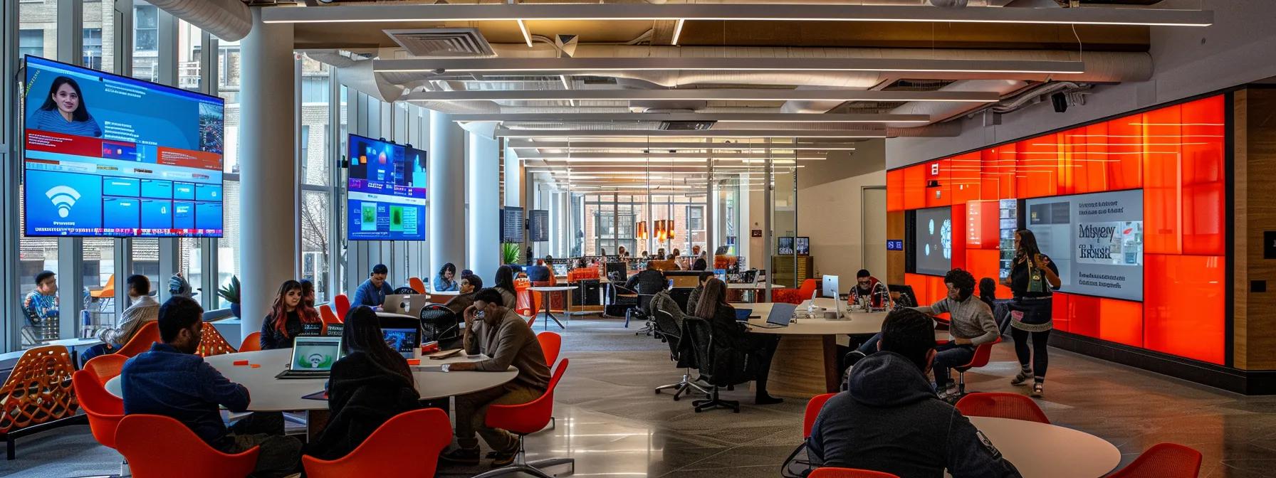 a sleek, modern office space adorned with digital screens displaying vibrant marketing analytics, where a diverse group of professionals engage in an animated discussion about digital strategies. a sleek, modern office space adorned with digital screens displaying vibrant marketing analytics, where a diverse group of professionals engage in an animated discussion about digital strategies.