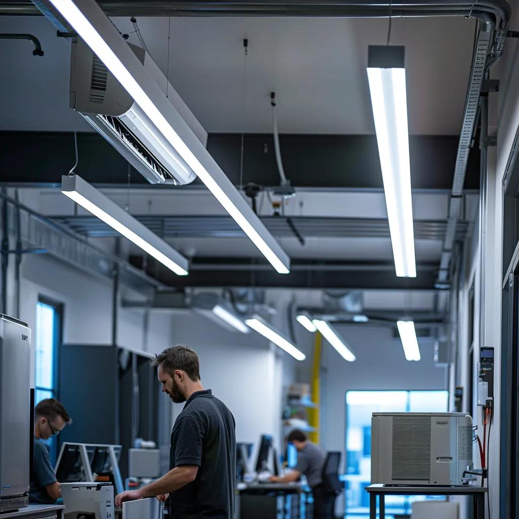 a sleek, modern office space features a technician inspecting a high-efficiency air conditioning unit, illuminated by bright overhead lights, reflecting the importance of maintenance and care in ensuring optimal performance.