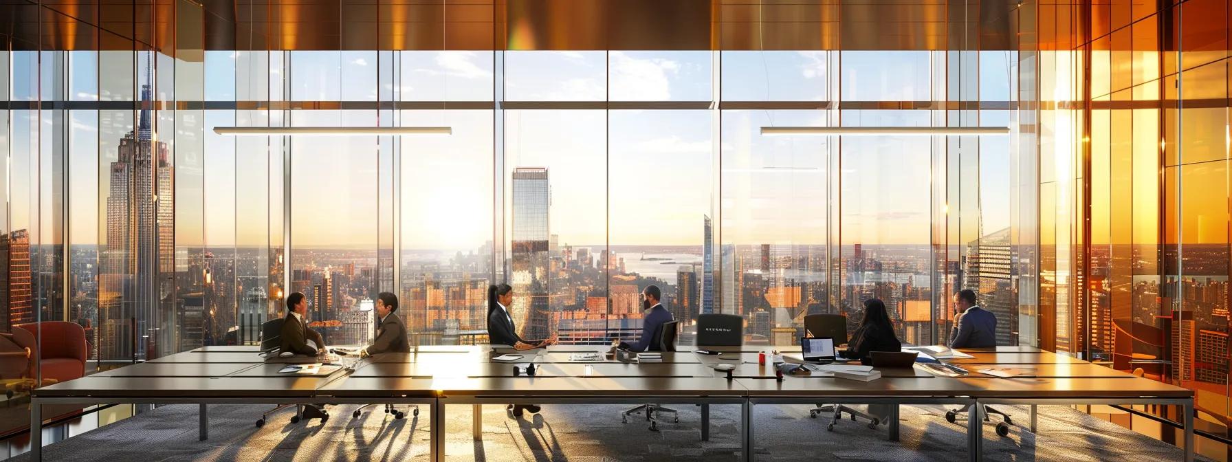 a sleek, modern office space featuring a diverse group of professionals engaged in an animated discussion around a table filled with solar loan documents and architectural plans, illuminated by ambitious urban skyline views through large windows.