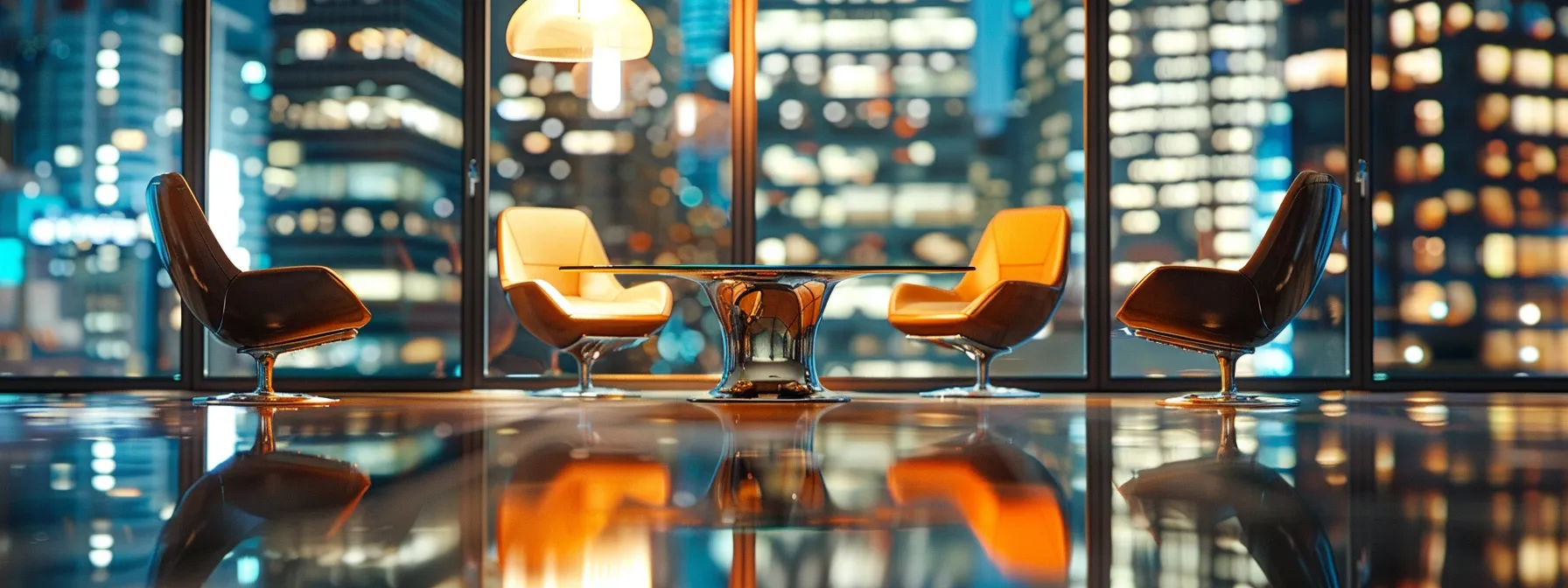 a sleek, modern office space features a striking glass conference table surrounded by contemporary chairs, illuminated by warm overhead lighting that casts a professional ambiance, showcasing a vibrant city skyline through expansive windows.