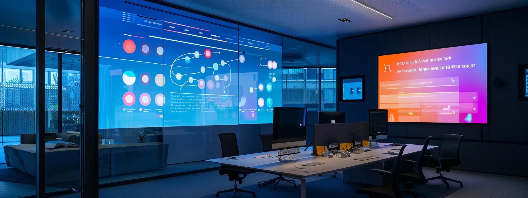 a sleek, modern office space featuring a large digital screen displaying an interactive website design, with vibrant live chat, dynamic infographics, and colourful product selectors, all illuminated by soft, focused lighting to enhance the ambience of user engagement.