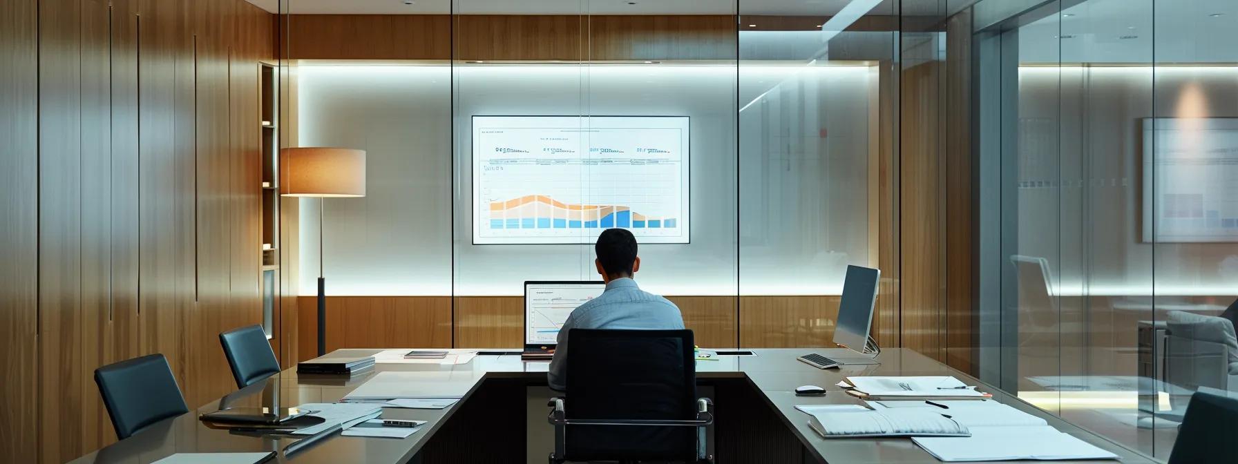 a sleek, modern office space features a focused professional reviewing a comprehensive mortgage application, surrounded by documents and a laptop displaying financial graphs, emphasizing the importance of stringent eligibility requirements in securing fannie mae financing.