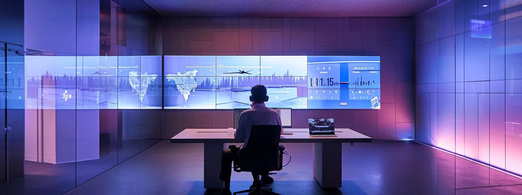 a sleek, modern office space features a pilot engaged in a virtual counseling session, illuminated by cool, adjustable led lighting, with advanced technology monitors showcasing innovative mental health tools in a futuristic environment.