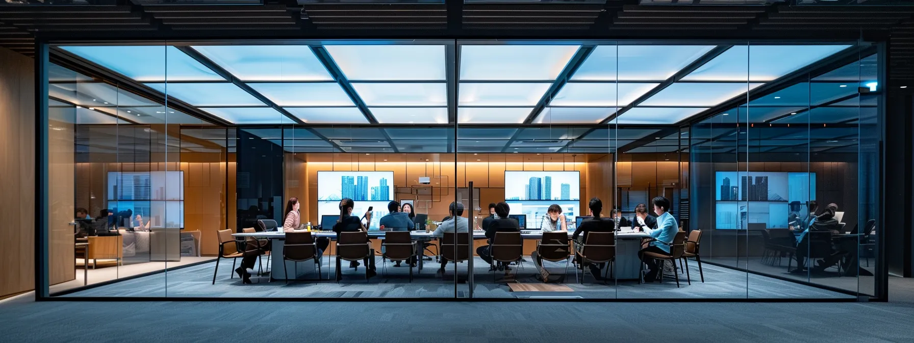 a sleek, modern office space features a dynamic meeting room filled with diverse professionals engaged in animated discussion, illuminated by bold, artificial lighting that reflects the innovative atmosphere of collaboration. a sleek, modern office space features a dynamic meeting room filled with diverse professionals engaged in animated discussion, illuminated by bold, artificial lighting that reflects the innovative atmosphere of collaboration.