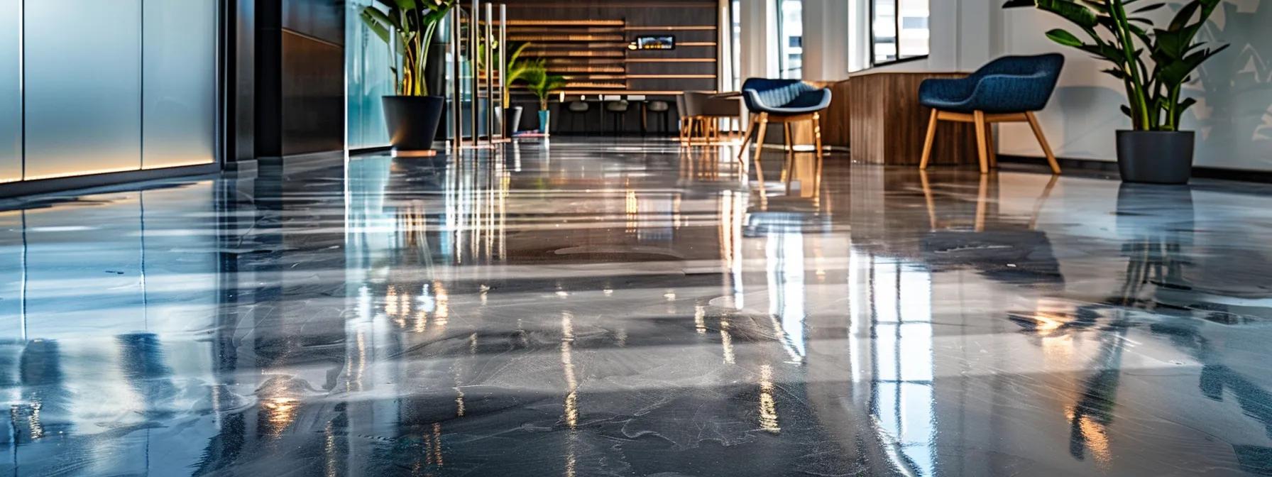 a sleek, modern office space features a polished high-gloss epoxy floor that reflects the ambient lighting and showcases customizable metallic decorative elements, symbolizing the durability and aesthetic appeal of epoxy flooring in commercial environments. a sleek, modern office space features a polished high-gloss epoxy floor that reflects the ambient lighting and showcases customizable metallic decorative elements, symbolizing the durability and aesthetic appeal of epoxy flooring in commercial environments.