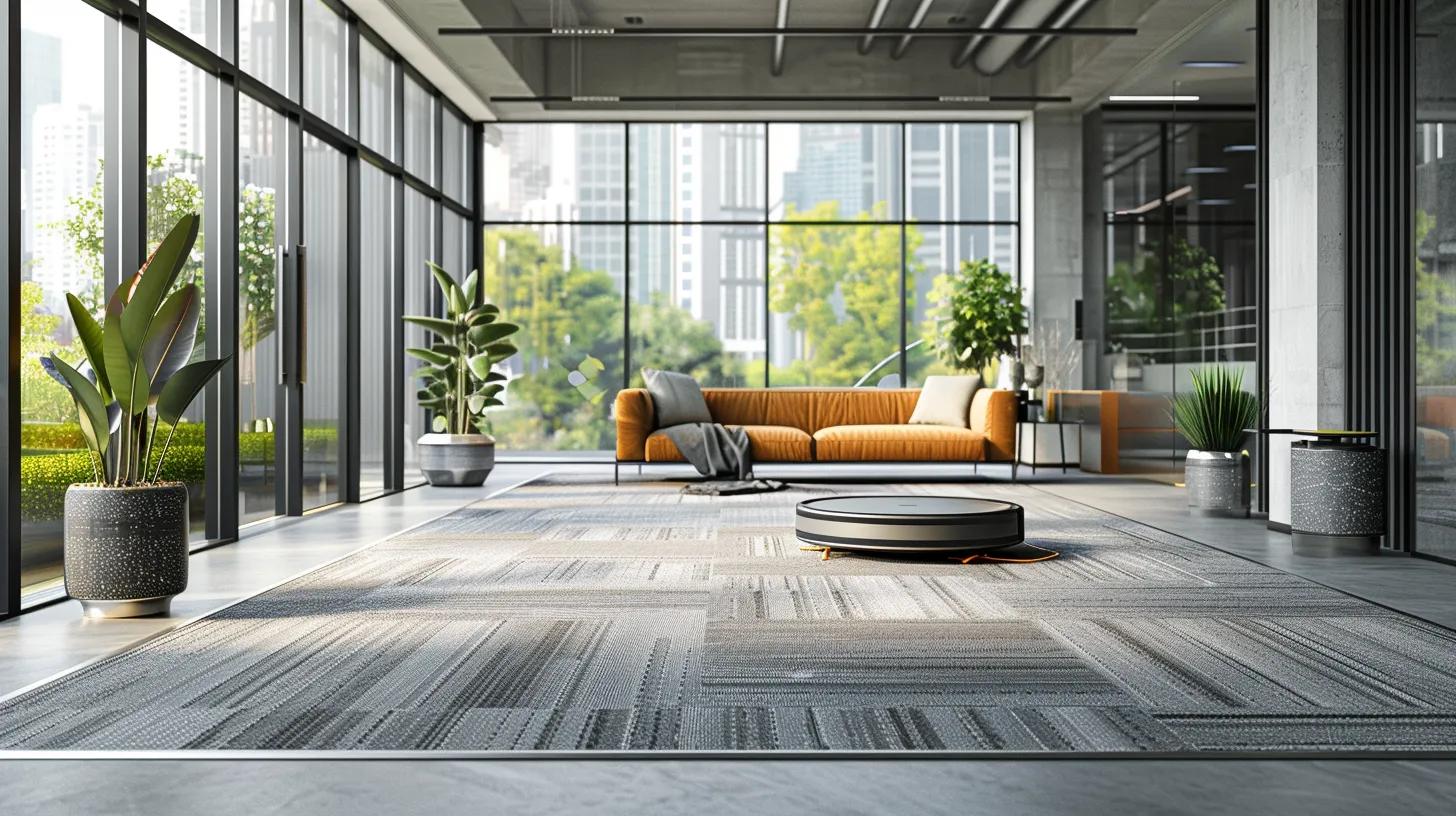 a sleek, modern office space showcases a pristine, freshly cleaned carpet, highlighted by smart technology tools and robotic vacuums seamlessly integrated into the cleaning process, conveying an atmosphere of efficiency and elevated productivity.