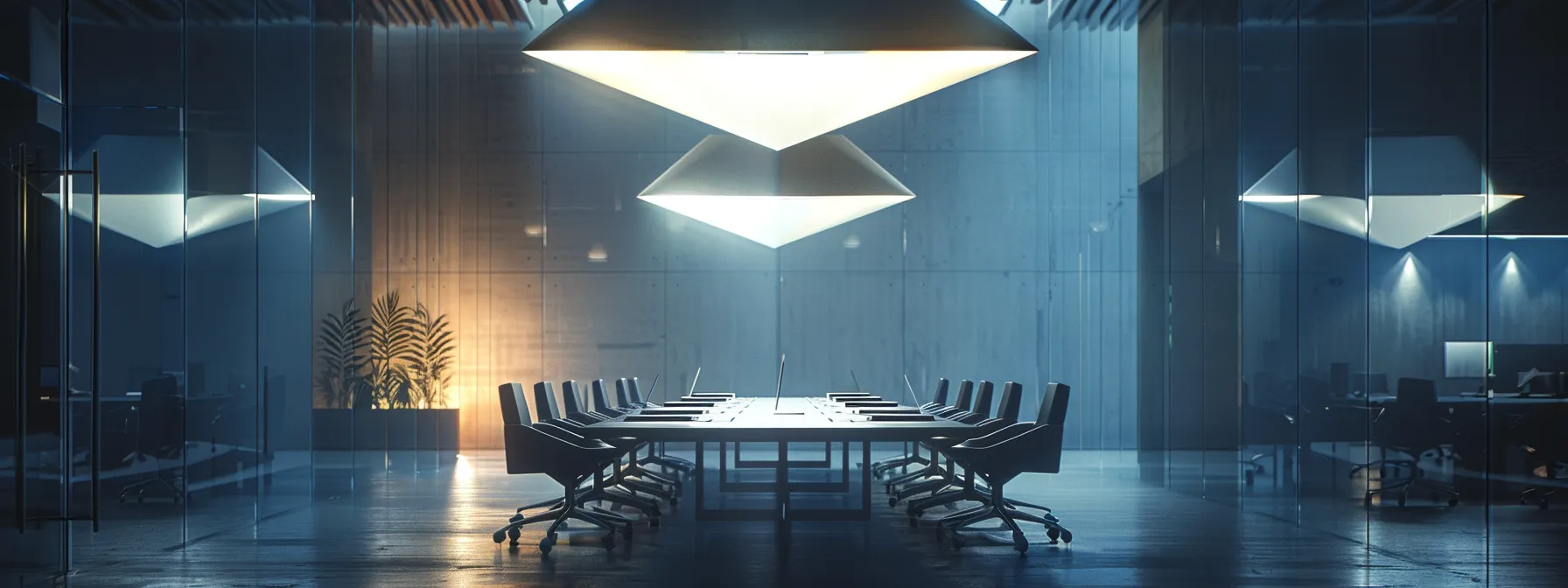 a sleek, modern office space features an elegantly designed conference table surrounded by high-backed chairs, illuminated by bold, geometric pendant lights creating an atmosphere of innovative collaboration and professional ambition.