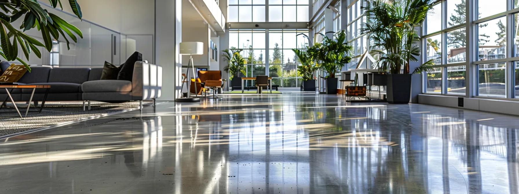 a sleek, modern office space showcases a freshly installed glossy epoxy floor, highlighting its impeccable finish and durability under bright, focused overhead lighting, reflecting the professionalism and precision of a skilled installation team at work. a sleek, modern office space showcases a freshly installed glossy epoxy floor, highlighting its impeccable finish and durability under bright, focused overhead lighting, reflecting the professionalism and precision of a skilled installation team at work.