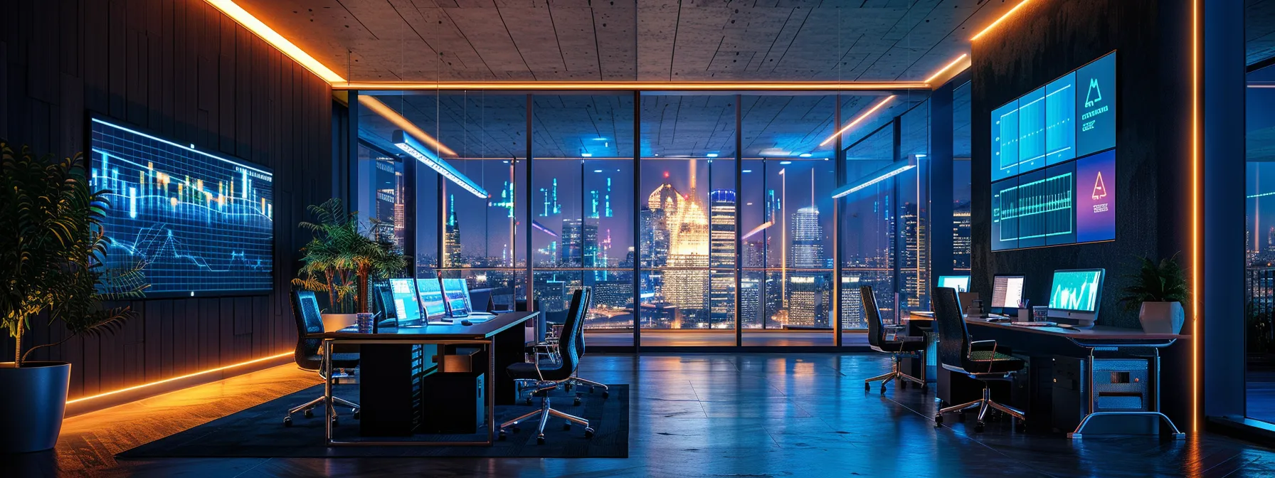 a sleek, modern office space is filled with vibrant digital screens showcasing intricate data visualizations, illuminated by soft, focused lighting that accentuates the high-tech ambiance.