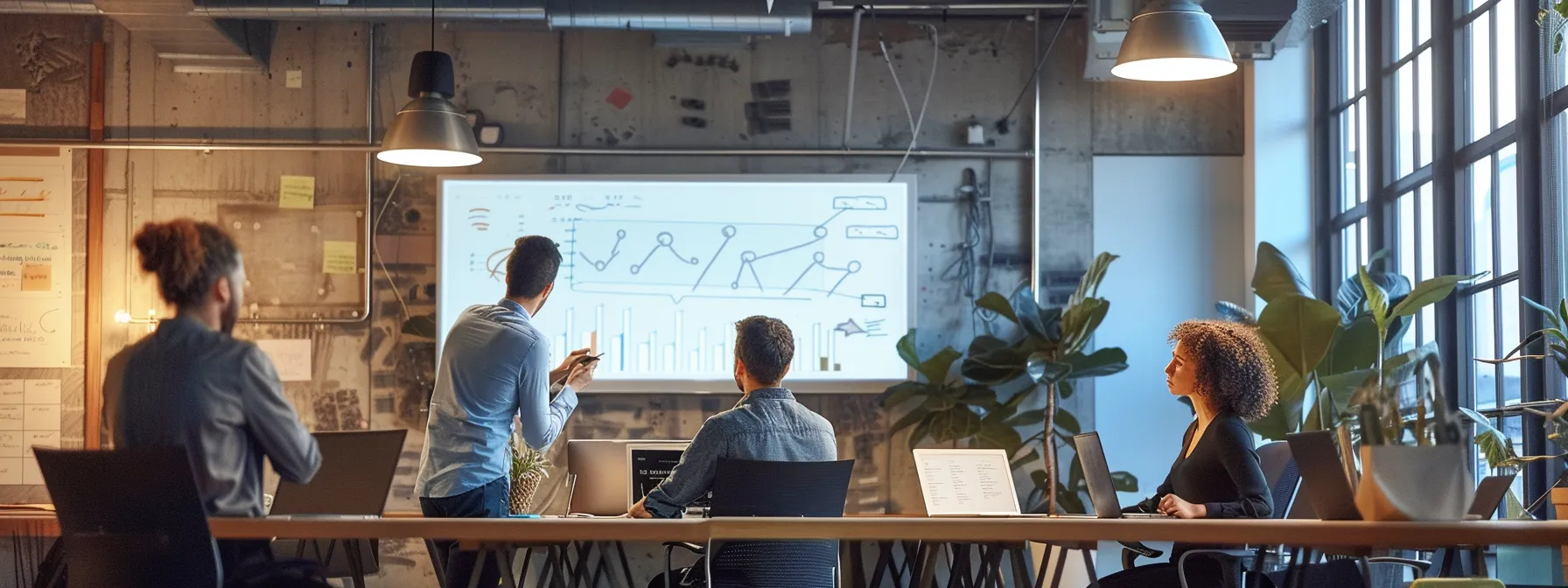 a sleek, modern office space showcases a dynamic team engaged in an intense brainstorming session around a high-tech digital whiteboard, illuminated by sharp overhead lighting that emphasizes their focused expressions and innovative ideas.