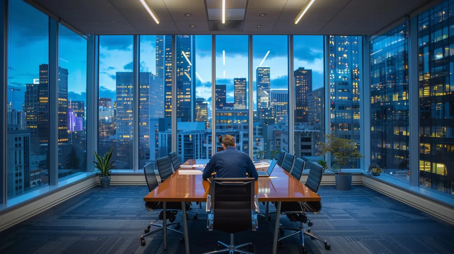 a sleek, modern office space features a confident contractor reviewing essential insurance documents on a stylish conference table, with a city skyline visible through expansive windows, symbolizing the critical nature of insurance coverage in the construction industry.