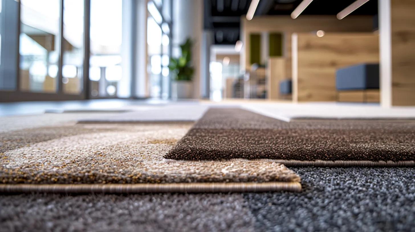 a sleek, modern office space showcases a variety of high-quality carpets laid out in distinct sections, featuring styles like plush and berber, with professional installers measuring and aligning the materials to emphasize their impact on room aesthetics and comfort.