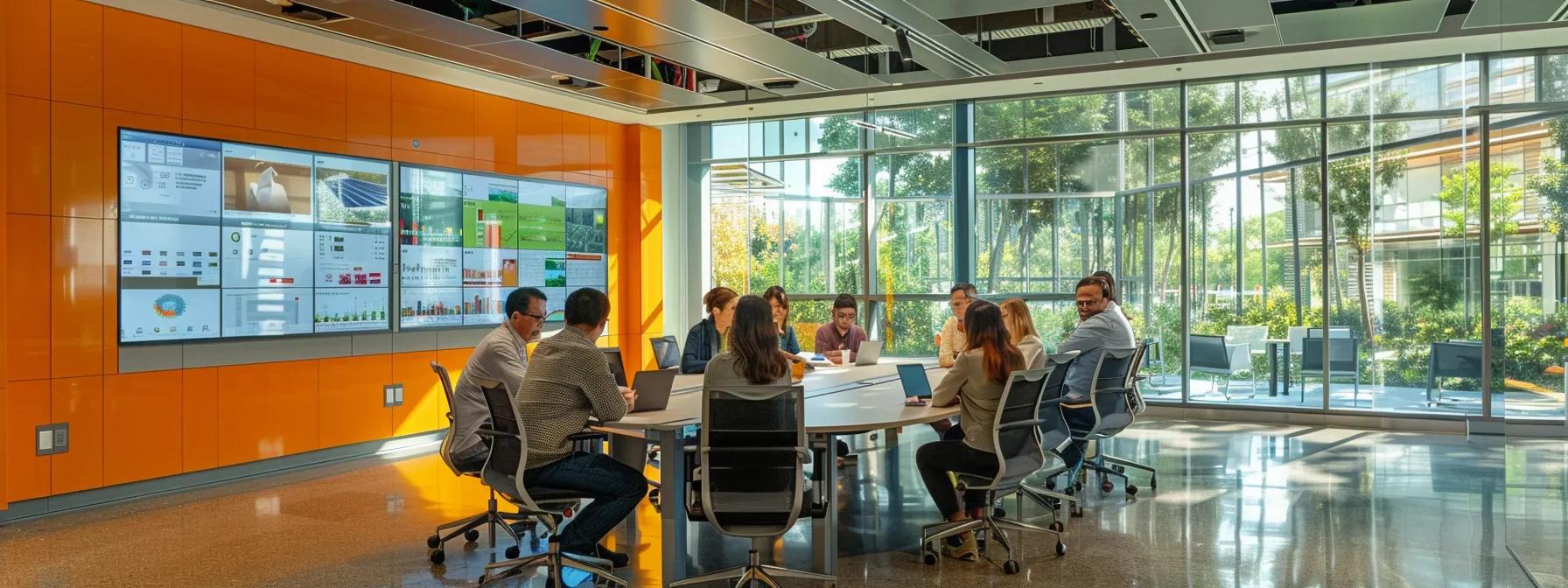 a sleek, modern office space features a diverse group of professionals engaged in a dynamic discussion about solar loan options, surrounded by digital displays showcasing interest rates and financing comparisons against a backdrop of architectural plans and renewable energy graphics. a sleek, modern office space features a diverse group of professionals engaged in a dynamic discussion about solar loan options, surrounded by digital displays showcasing interest rates and financing comparisons against a backdrop of architectural plans and renewable energy graphics.