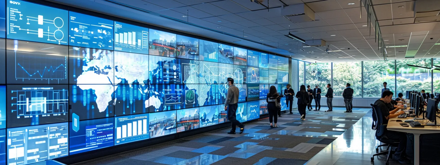 a sleek, modern office space showcases a vibrant digital display of the smart framework principles, emphasizing specific goals and measurable targets against a backdrop of busy professionals collaborating in strategic discussions.