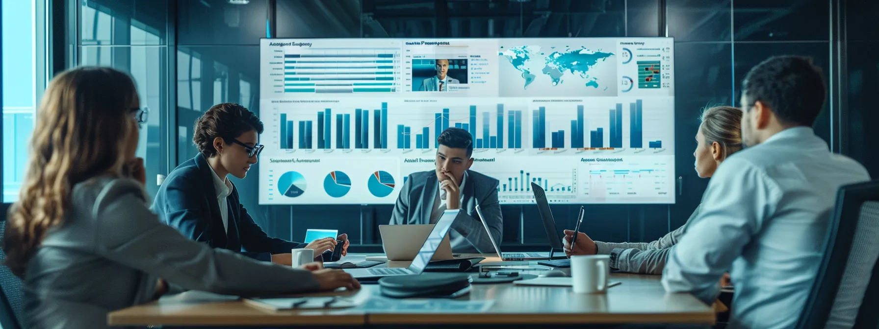 a sleek, modern office space featuring a large digital dashboard displaying key performance indicators and case studies, with an agency team engaged in a focused discussion about reputation management strategies and client objectives.
