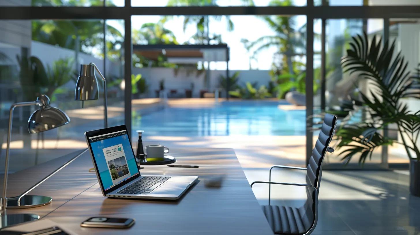 a sleek, modern office space featuring a polished desk with an open laptop displaying a pool service website, surrounded by smart organizational tools and floating text tips on selecting the best local pool cleaning service.
