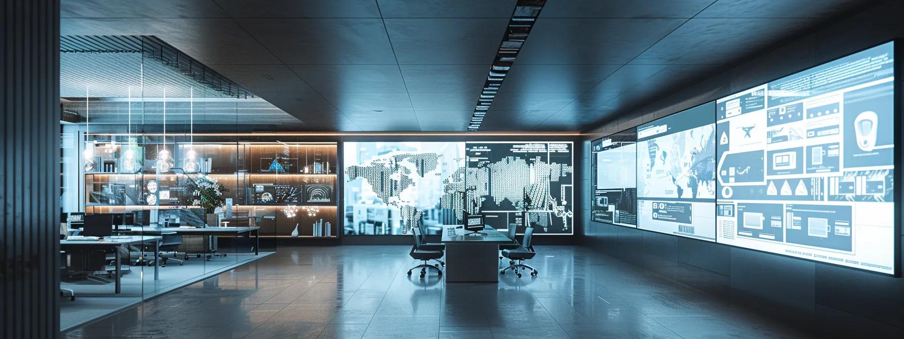 a sleek, modern office space is filled with digital screens displaying intricate autocad architectural designs, illuminated by cool, artificial lighting that emphasizes the clarity and precision of the rendered blueprints.
