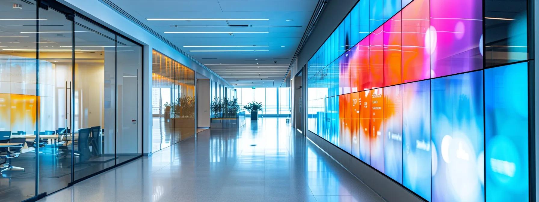a sleek, modern office space filled with vibrant digital displays showcasing various google advertising cost models, emphasizing the clarity and structure of pay-per-click, cost-per-mille, and other pricing strategies.