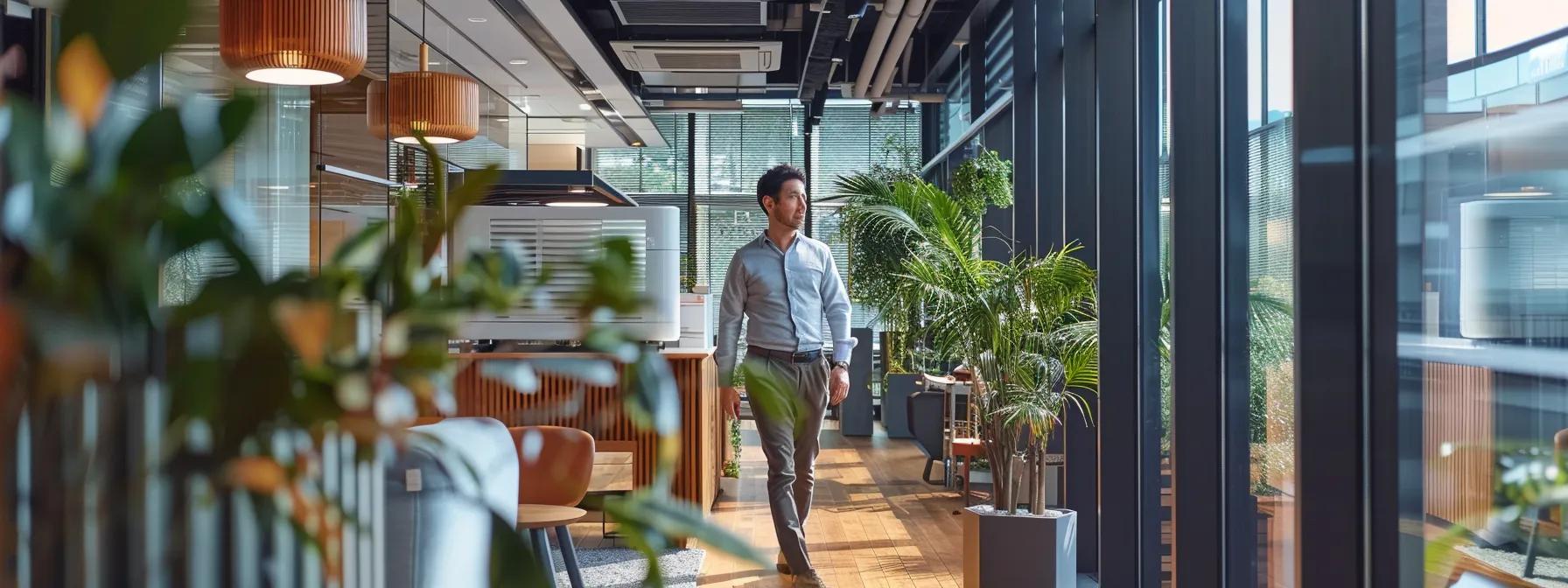 a sleek, modern office space showcases a professional technician meticulously inspecting a well-maintained air conditioning unit, with seasonal decor subtly displayed in the background to emphasize the importance of seasonal preparations.