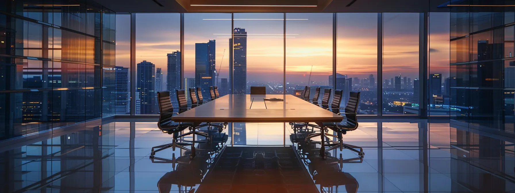 a sleek, modern office space features a polished conference table surrounded by contemporary chairs, illuminated by ambient lighting reflecting off glass walls that showcase a panoramic city skyline.