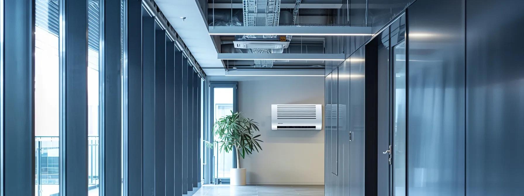 a sleek, modern office space showcases two distinct hvac systems side by side, with a ductless mini split elegantly mounted on one wall, while a traditional hvac unit with extensive ductwork looms above, highlighting the contrast between compact efficiency and conventional complexity. a sleek, modern office space showcases two distinct hvac systems side by side, with a ductless mini split elegantly mounted on one wall, while a traditional hvac unit with extensive ductwork looms above, highlighting the contrast between compact efficiency and conventional complexity.