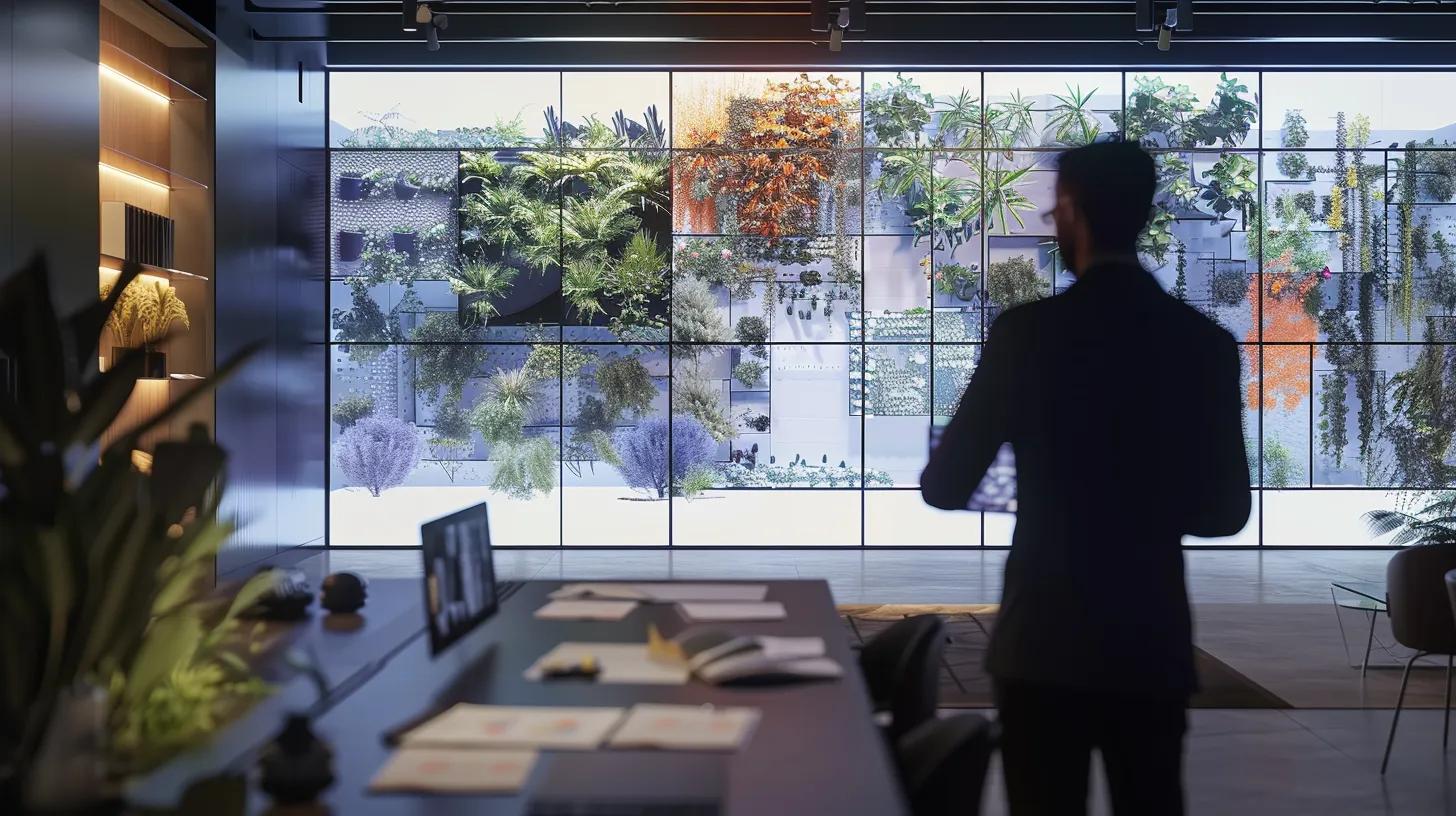 a sleek, modern office space showcases a large digital screen displaying vibrant visuals of luxury landscaping designs, while a business professional analyzes client reviews on a tablet, surrounded by architectural sketches and samples of high-end outdoor materials.