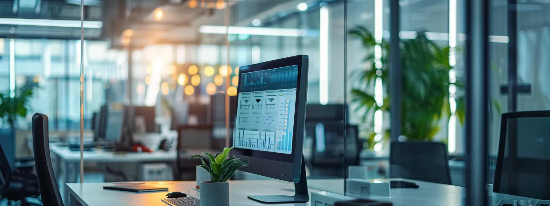 a sleek, modern office space features an interactive digital display showcasing energy consumption metrics and cost analysis for various home cooling systems, illuminated by ambient overhead lighting that enhances the high-tech atmosphere.