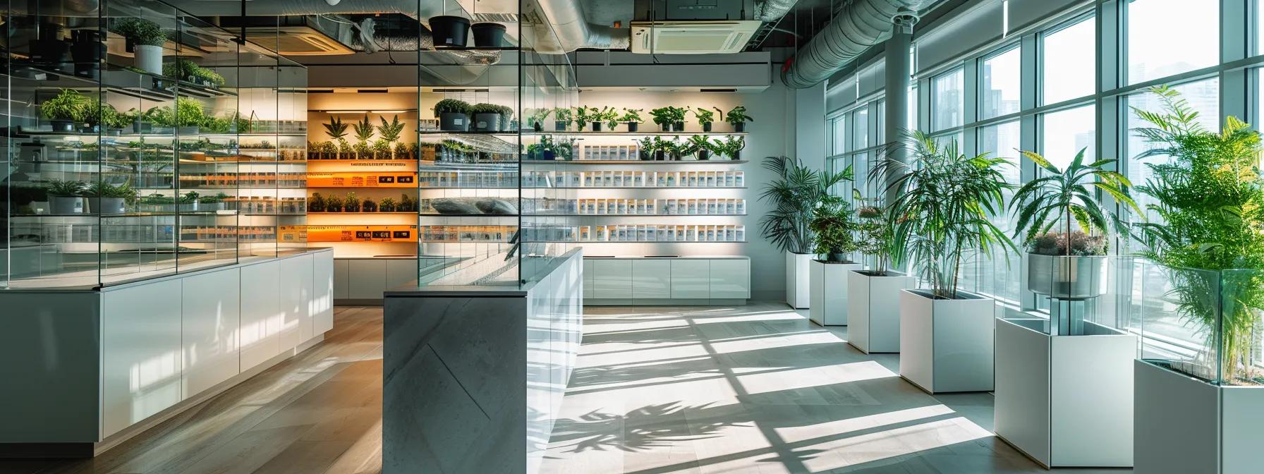 a sleek, modern office space showcases a visually engaging display of various cannabis strains in stylish glass jars, with vibrant labels indicating their effects, creating an atmosphere of informed selection and tailored wellness. a sleek, modern office space showcases a visually engaging display of various cannabis strains in stylish glass jars, with vibrant labels indicating their effects, creating an atmosphere of informed selection and tailored wellness.