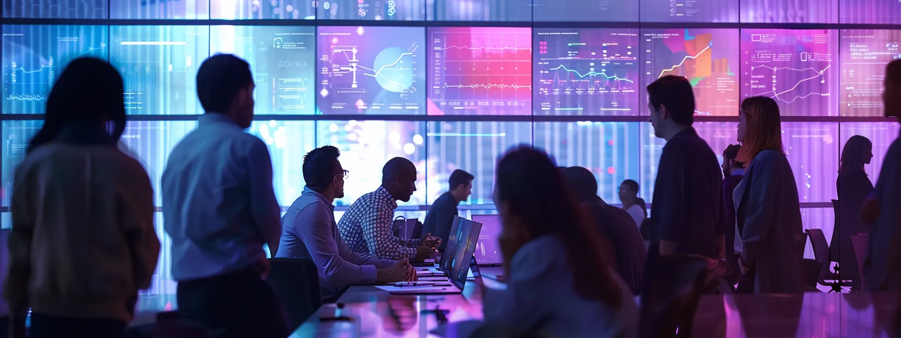 a sleek, modern office space showcases a diverse group of professionals engaged in an animated brainstorming session, surrounded by vibrant digital screens displaying dynamic data visualizations.