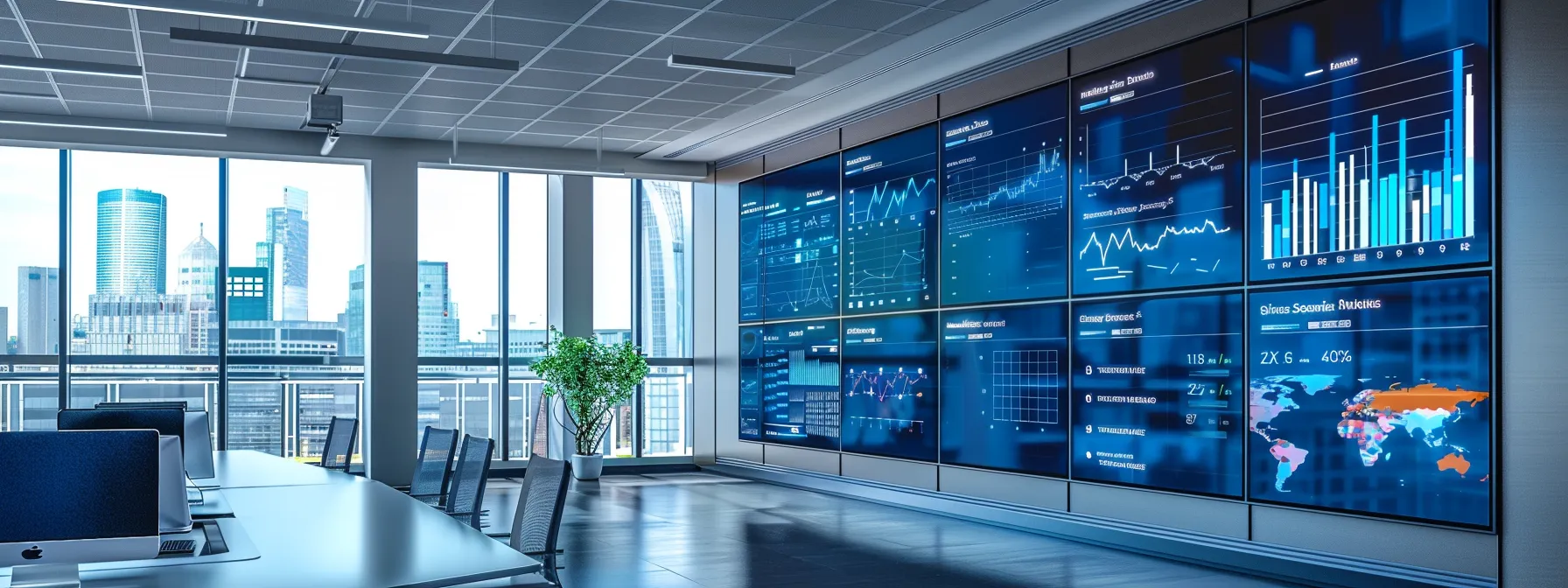 a sleek, modern office space filled with large digital displays showcasing real-time data analytics and social media trends, emphasizing the dynamic nature of competitive intelligence and digital reputation management.