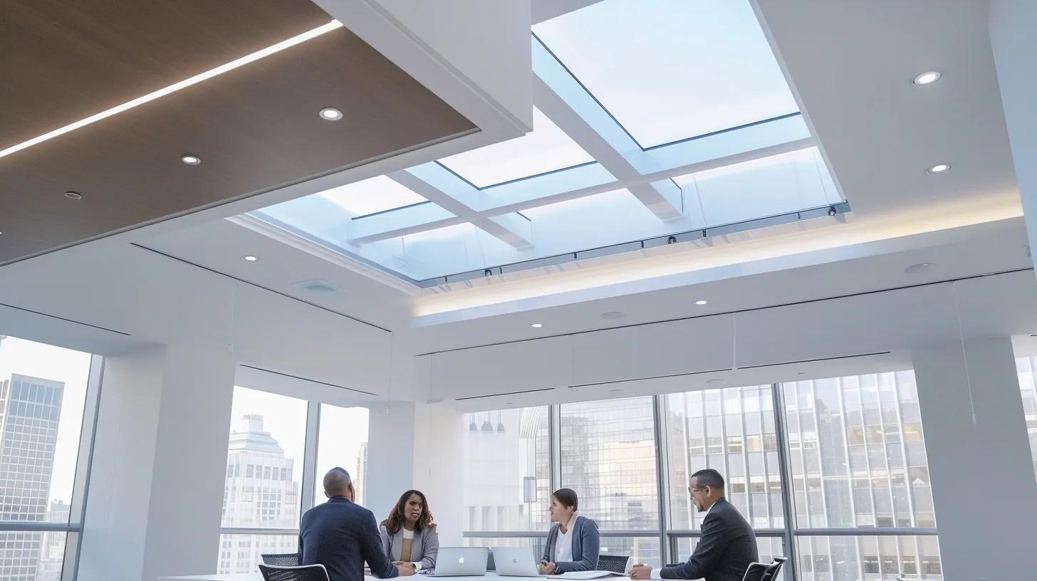 a sleek modern office with bright skylights overhead, showcasing a group of professionals intently discussing architectural plans and cost comparisons for skylight installations, emphasizing energy efficiency and aesthetic value in an elegant, minimalist setting.