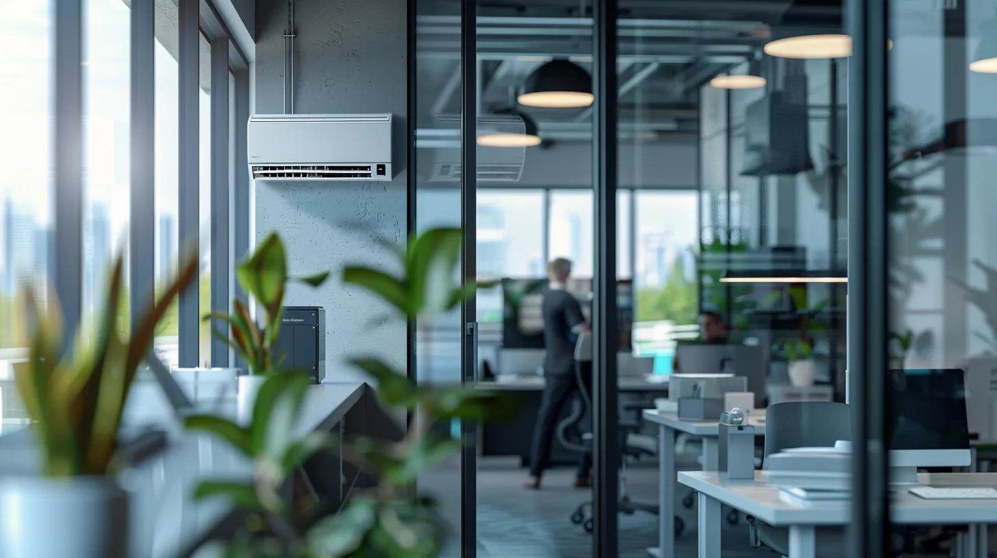 a sleek, modern office with a technician examining a high-efficiency air conditioning unit, surrounded by essential maintenance tools and a digital display showing energy savings, emphasizing the importance of regular ac maintenance for lowering summer cooling costs. a sleek, modern office with a technician examining a high-efficiency air conditioning unit, surrounded by essential maintenance tools and a digital display showing energy savings, emphasizing the importance of regular ac maintenance for lowering summer cooling costs.