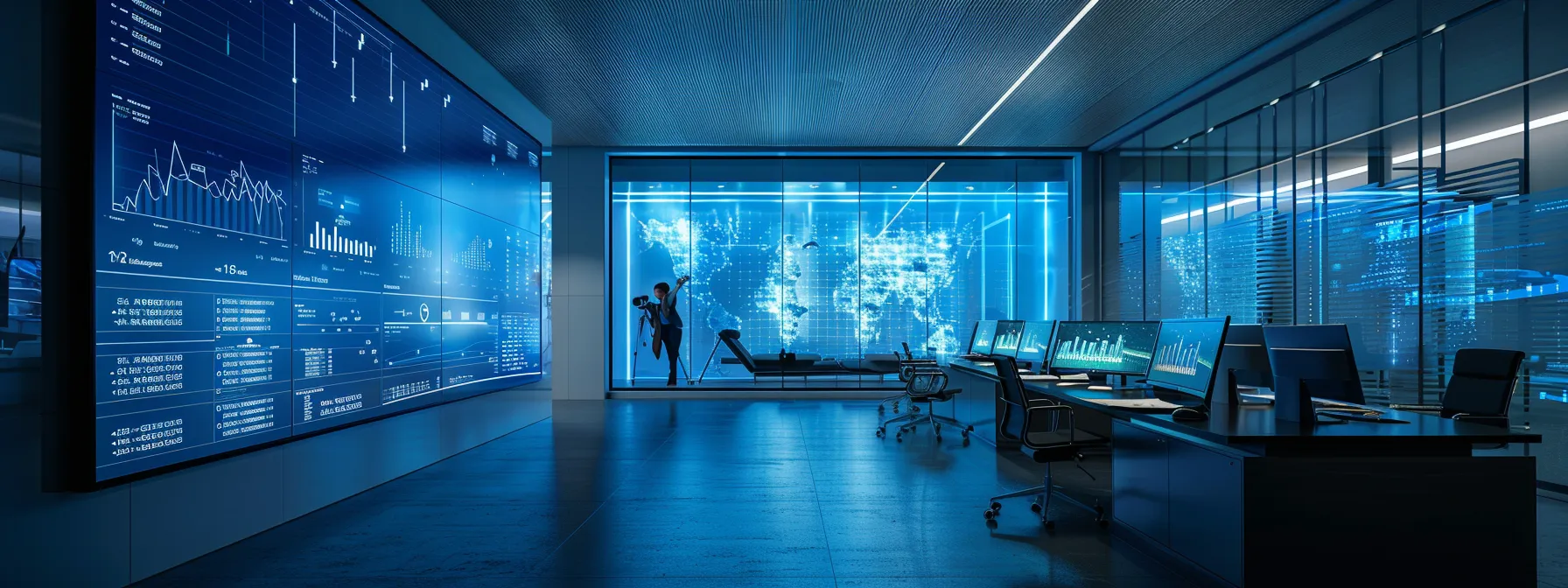a sleek, modern office with a large digital dashboard showcasing online reputation analytics, illuminated by sharp led lighting, emphasizing a team engaged in strategic discussions about tailored industry solutions.