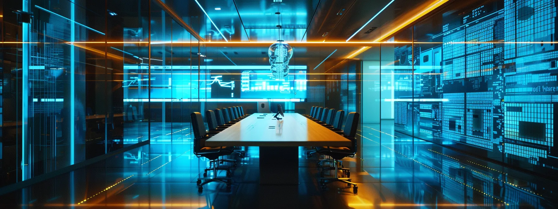 a sleek, modern office with a polished conference table, surrounded by vibrant digital displays showcasing seal coating processes and benefits, emphasizing a professional atmosphere that educates property owners on pavement maintenance.