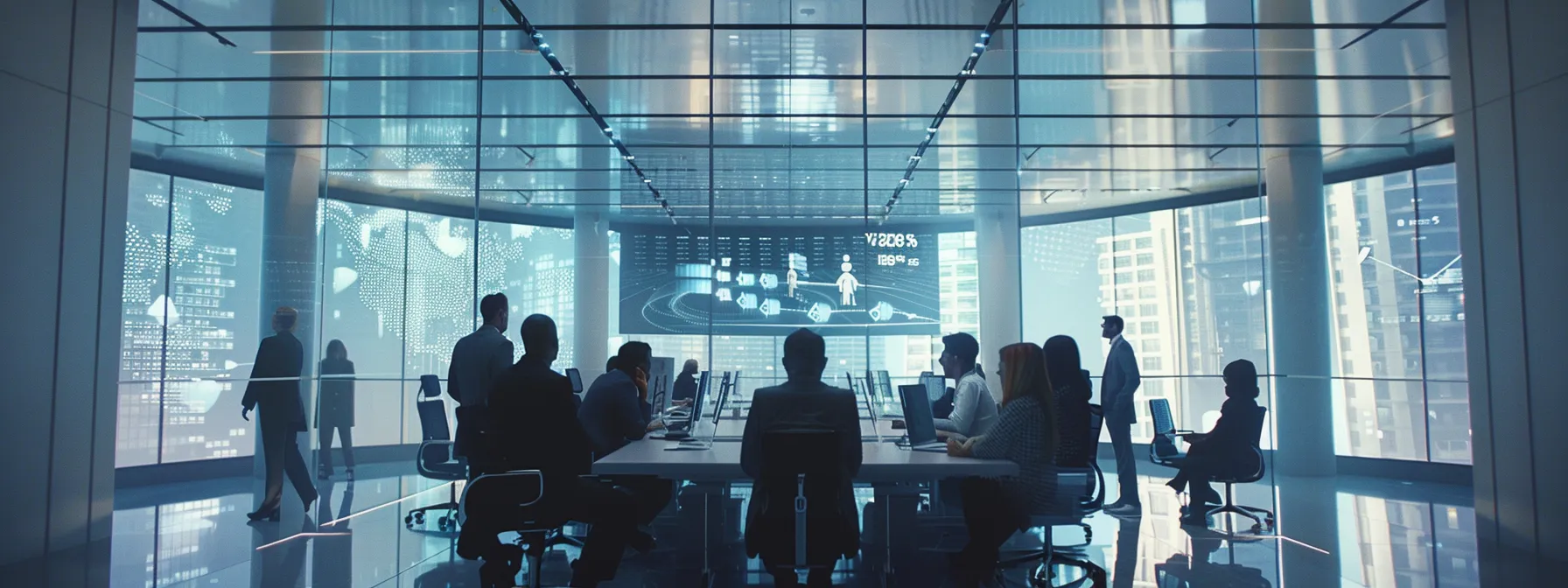 a sleek, modern office with a large digital display showcasing seo performance metrics, while a group of diverse professionals discuss strategies around a contemporary conference table, highlighting the careful selection process for choosing the right seo agency in london.