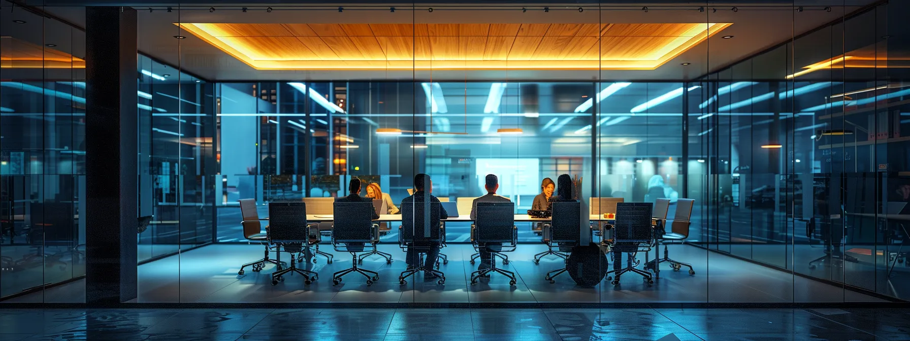 a sleek, modern office with a clear glass conference table surrounded by professionals engaged in an animated discussion, illuminated by soft overhead lighting, emphasizing transparency and collaboration in strategy planning for online reputation management.