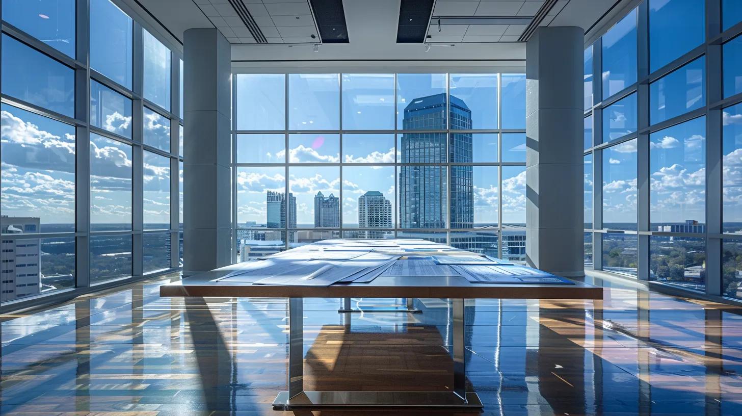 a sleek, modern office with floor-to-ceiling windows overlooking the atlanta skyline, showcasing an impressive display of roofing materials and blueprints spread across a polished conference table, reflecting professionalism and innovation in the roofing industry.