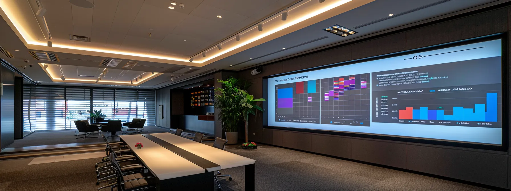 a sleek, modern office with a large display screen showcasing a detailed infographic on asphalt paving costs, complete with colorful graphs and charts contrasting residential and commercial project expenses, illuminated by bright, dynamic lighting.