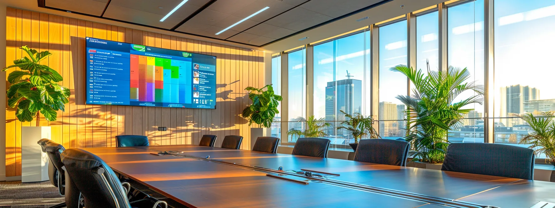 a sleek, modern office with a large conference table featuring a detailed presentation on asphalt and concrete maintenance, showcasing charts and visuals that highlight the contrasting upkeep needs and cost implications for property owners.