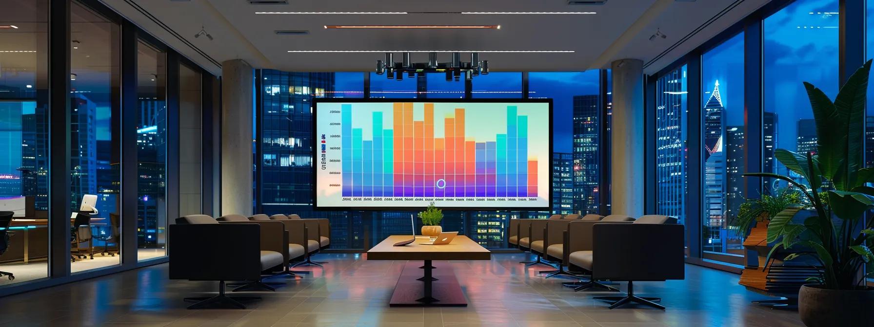 a sleek, modern office with a large digital screen displaying a colorful graph of fannie mae llpa rate updates for condos, illuminated by soft, ambient lighting that emphasizes the sophistication of the financial analysis.