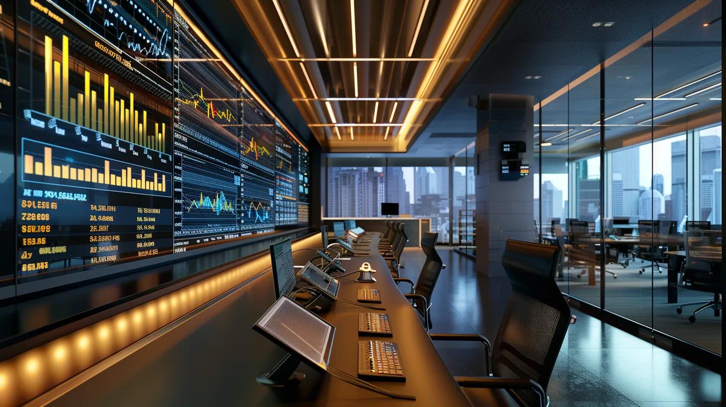a sleek, modern office with a large digital screen displaying intricate gold market data and projection graphs, illuminated by bright overhead lighting, emphasizing the analytical focus of market experts in the canadian finance sector. Future Gold Prices: a sleek, modern office with a large digital screen displaying intricate gold market data and projection graphs focus of market experts in the canadian finance sector.