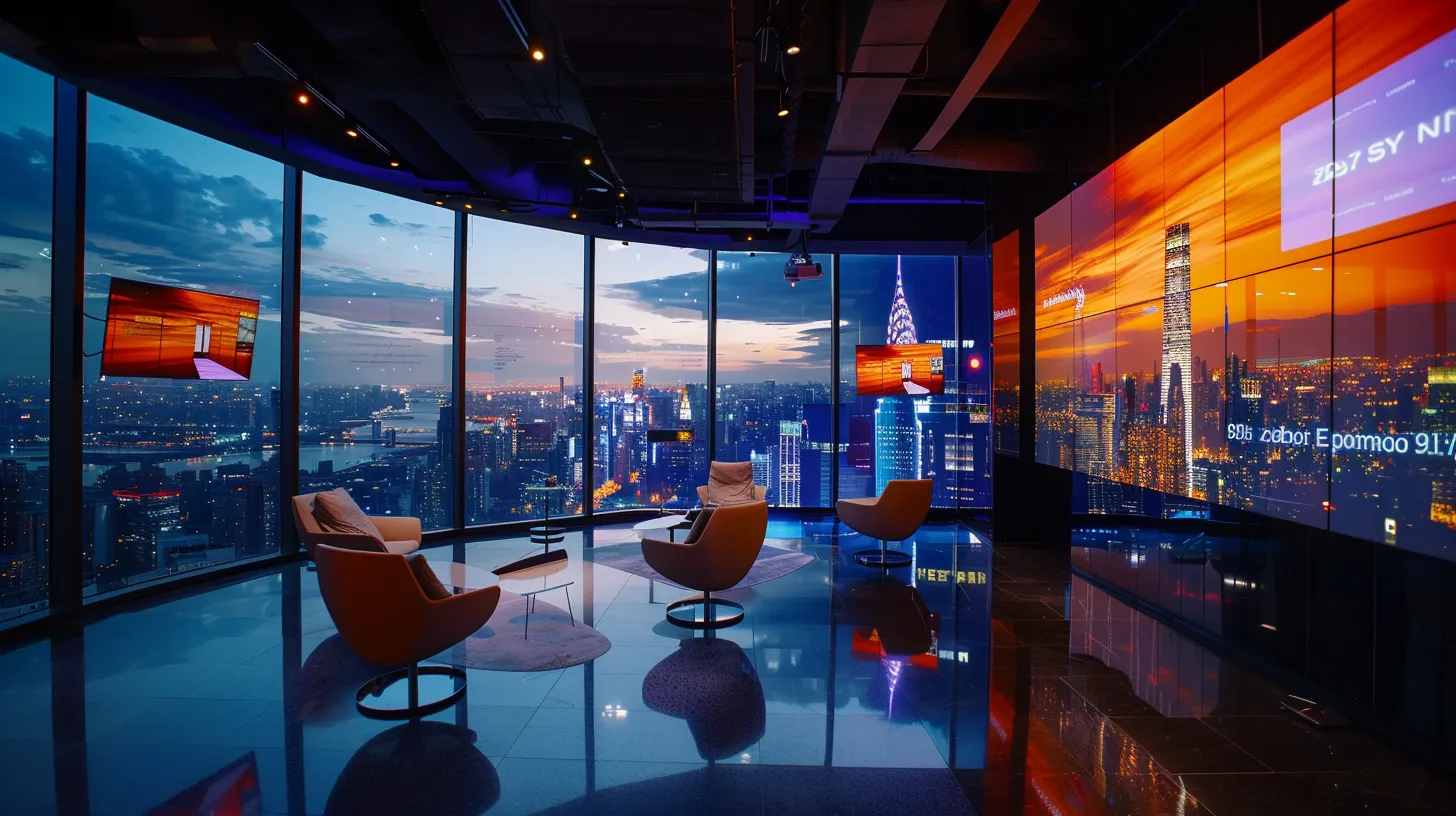 a sleek, modern office with a panoramic city skyline visible through floor-to-ceiling windows, filled with contemporary furniture and vibrant digital screens displaying data analytics. a sleek, modern office with a panoramic city skyline visible through floor-to-ceiling windows, filled with contemporary furniture and vibrant digital screens displaying data analytics.